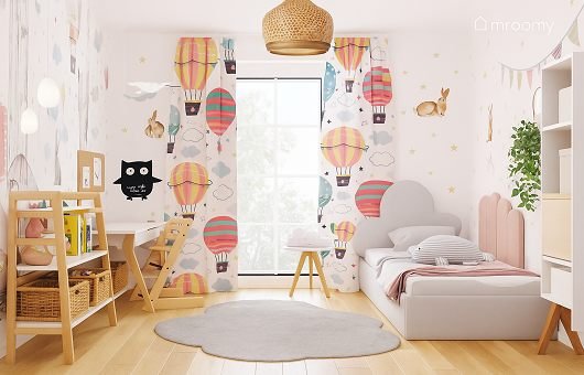 Kids Curtains in baby room with bed and furniture