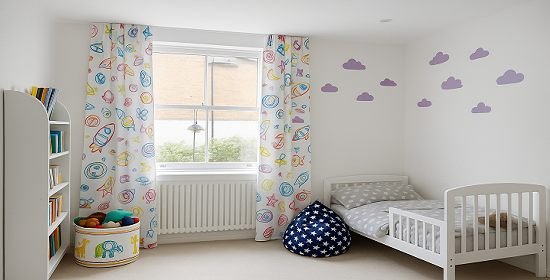 Kids Curtains in Baby room with white walls