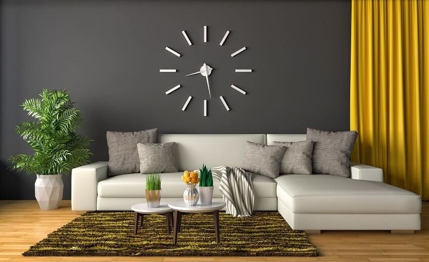 gray wall carpet and yellow curtain